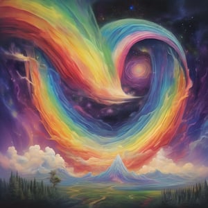 "Create an abstract interpretation of two galaxies merging beneath a surreal rainbow sky