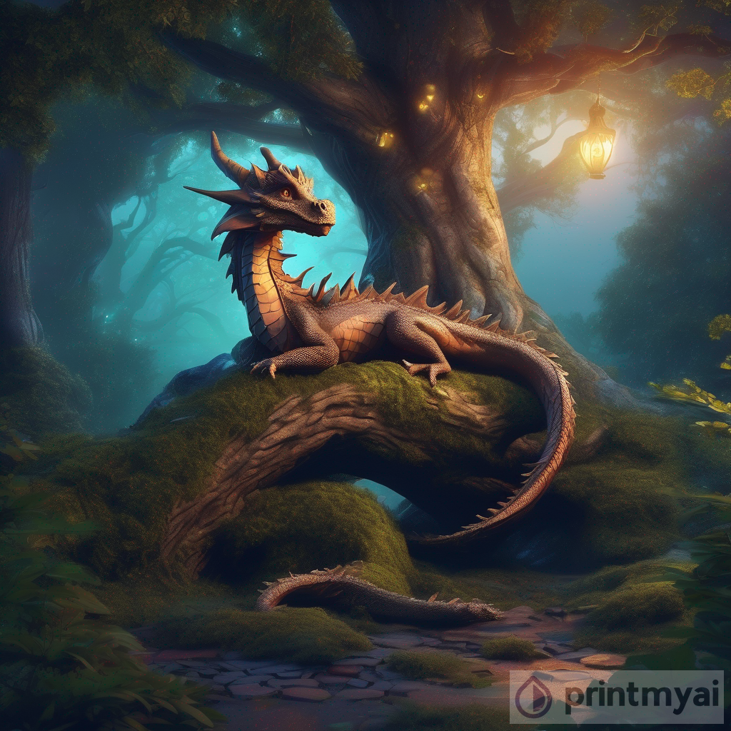 A Serene Escapade: A Dragon Resting under A Mystical Tree at Dusk