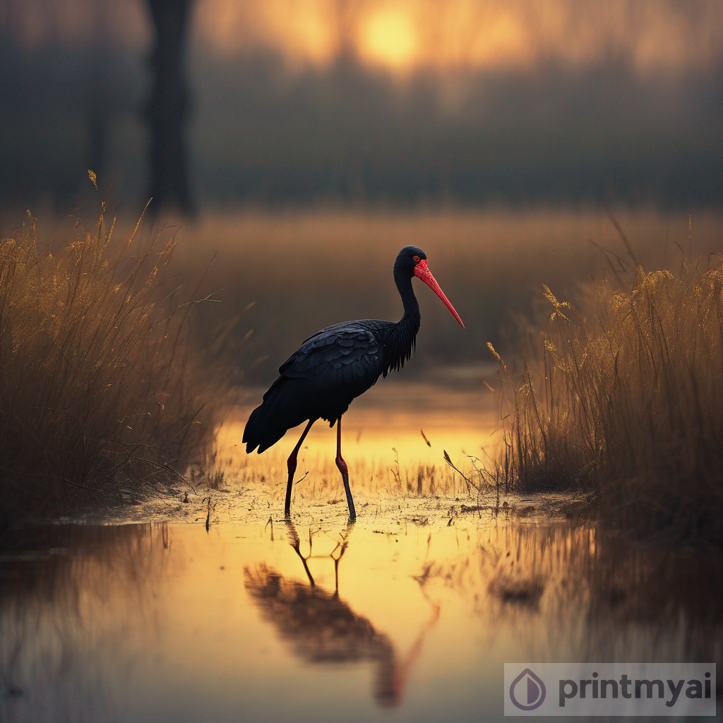The Black Stork - A Vision in Ligne Claire within Natural Landscapes