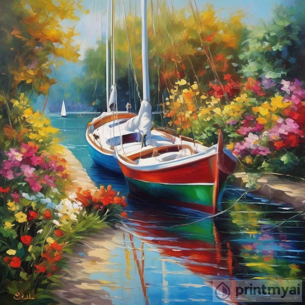 Gorgeous Oil Painting: A Sunny Day, Sail Boat, and Colorful Gardens