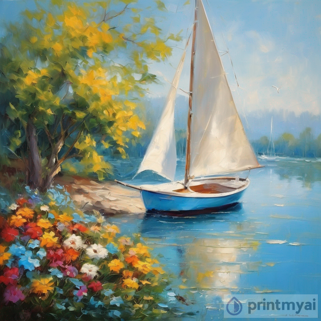 Gorgeous Oil Painting of a Sunny Sailboat Day Amidst Colorful Gardens & Wildlife