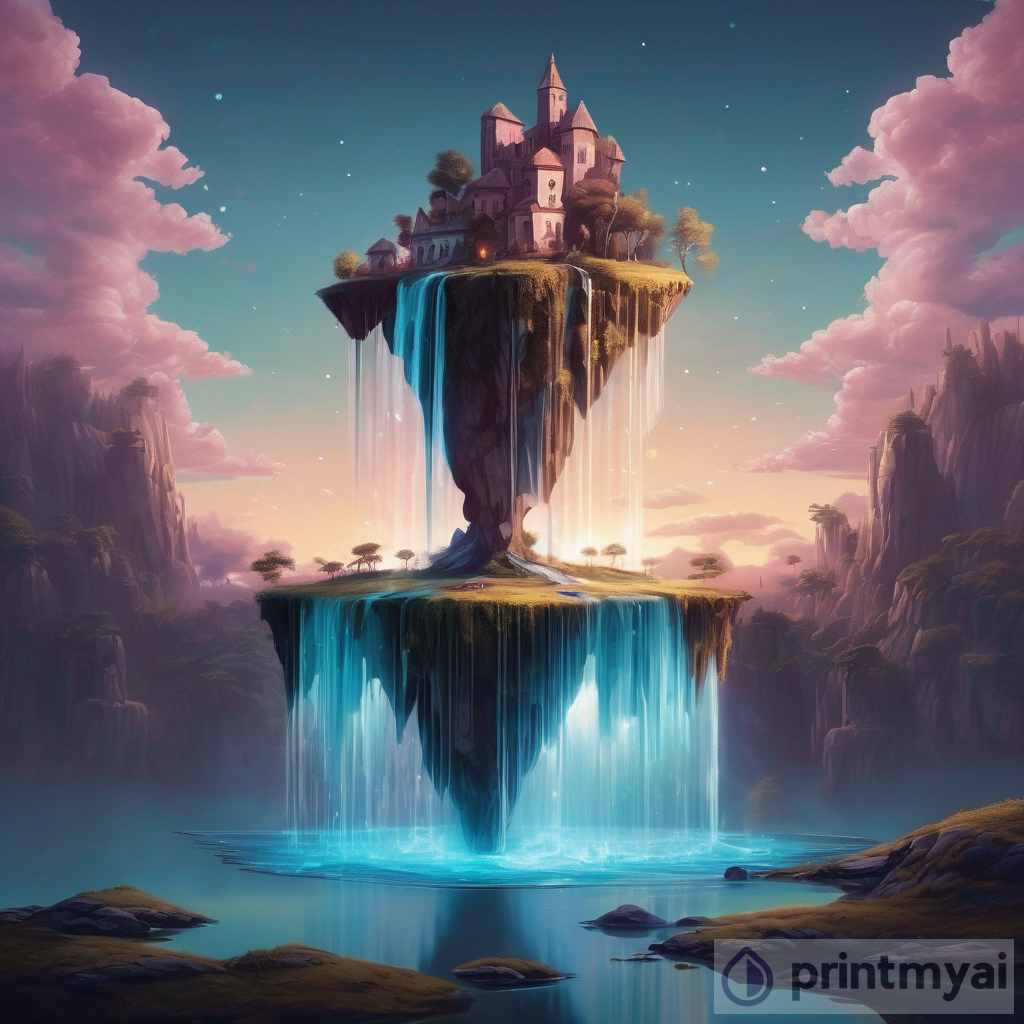 Surreal Landscape: Crystal Waterfall Floating Island Evening Sky