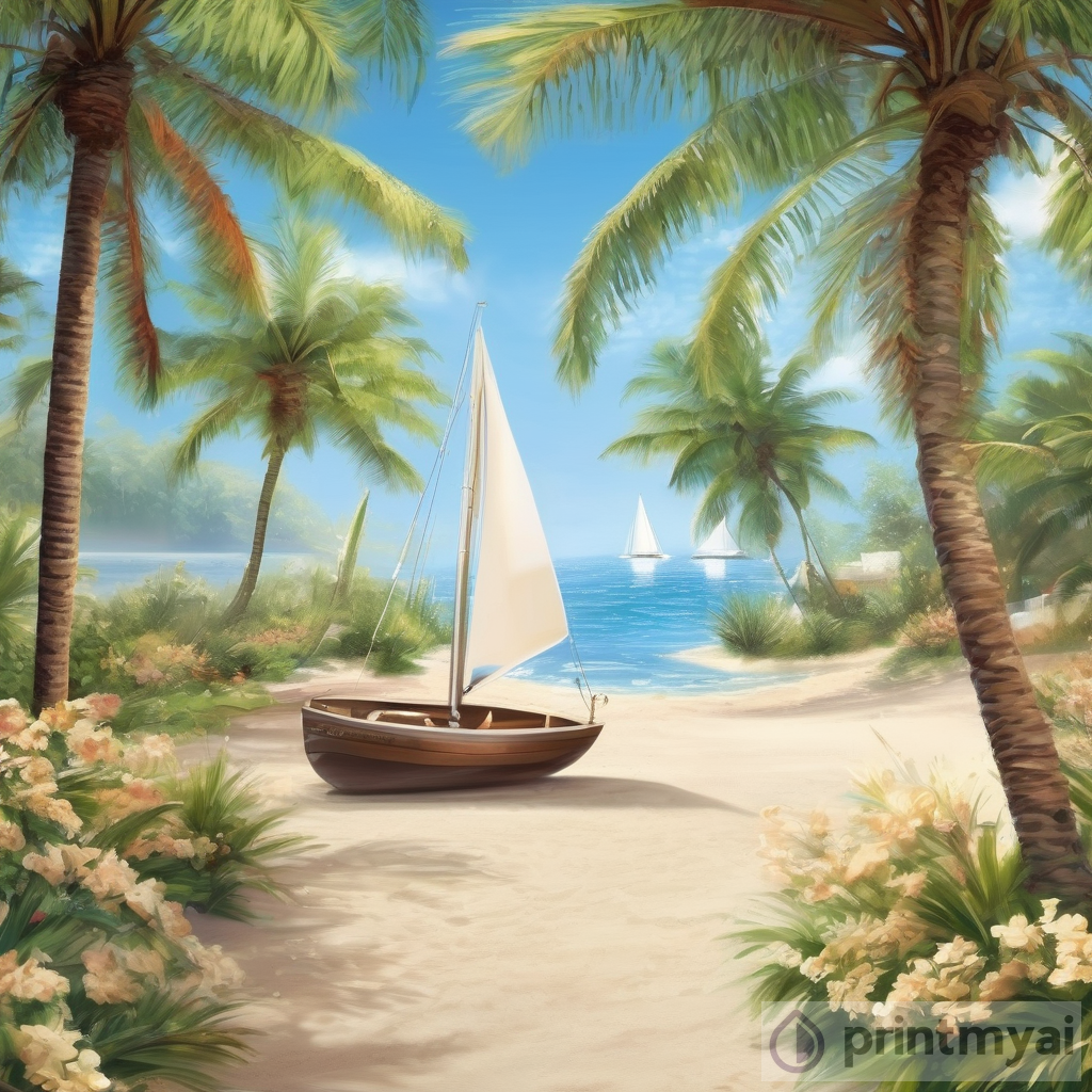 A Day in Paradise: Sandy Beach, Palm Trees, Sparkling Water, Garden, and Sailboat