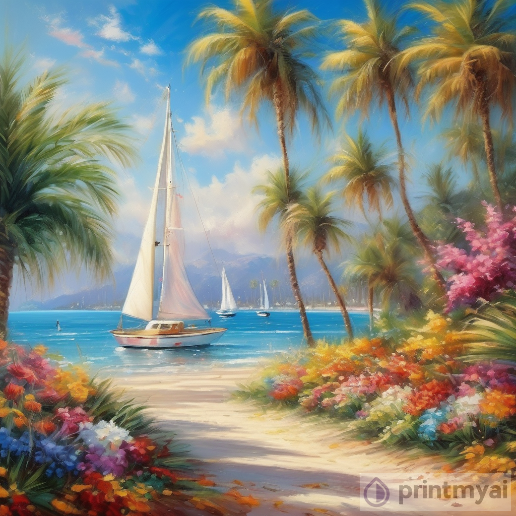 A Serene Paradise: Sandy Beach, Palm Trees, Sparkling Water, and Colorful Garden