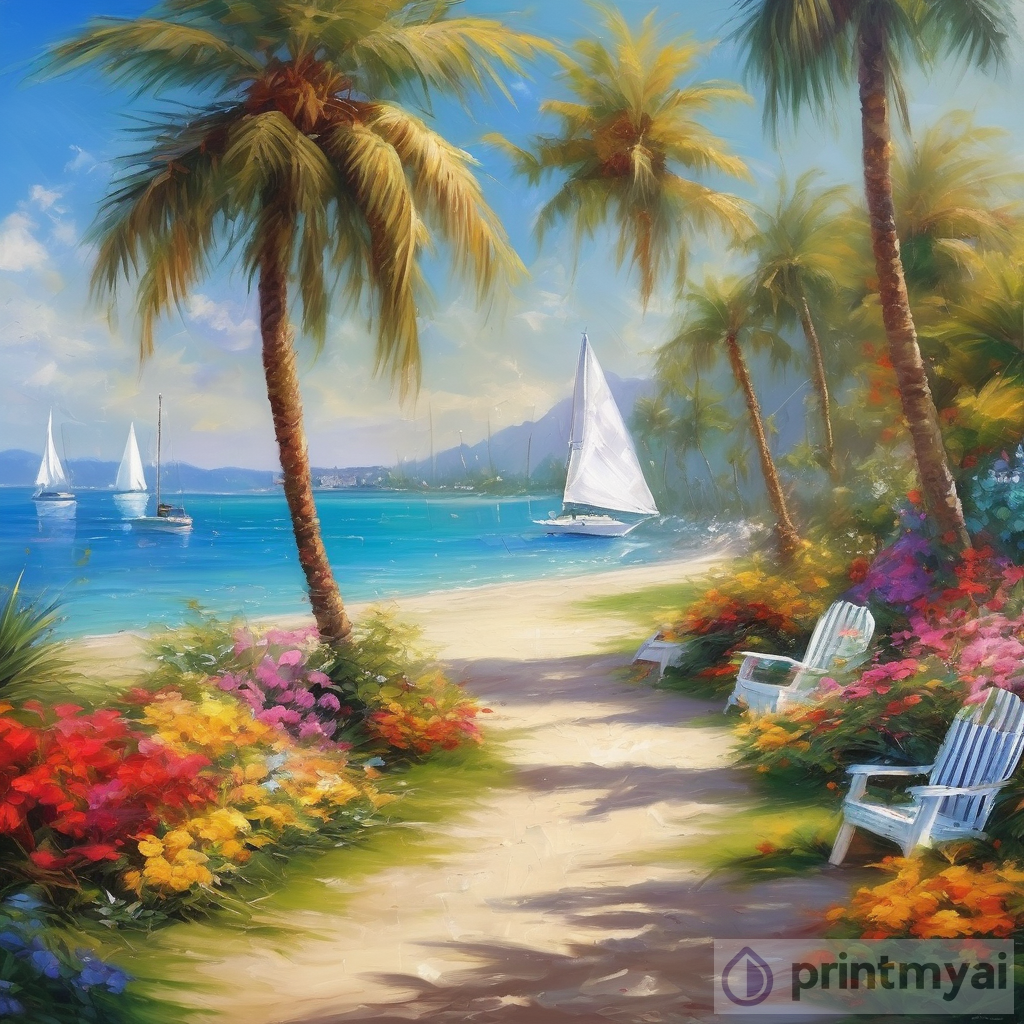 Beach Paradise: Palm Trees, Sparkling Water, Colorful Gardens, Sailboats, and Sun