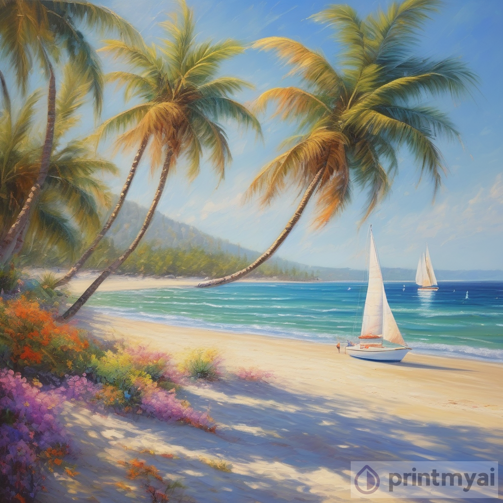 A Serene Escape: Sandy Beach, Sparkling Water, and Colorful Sailboats
