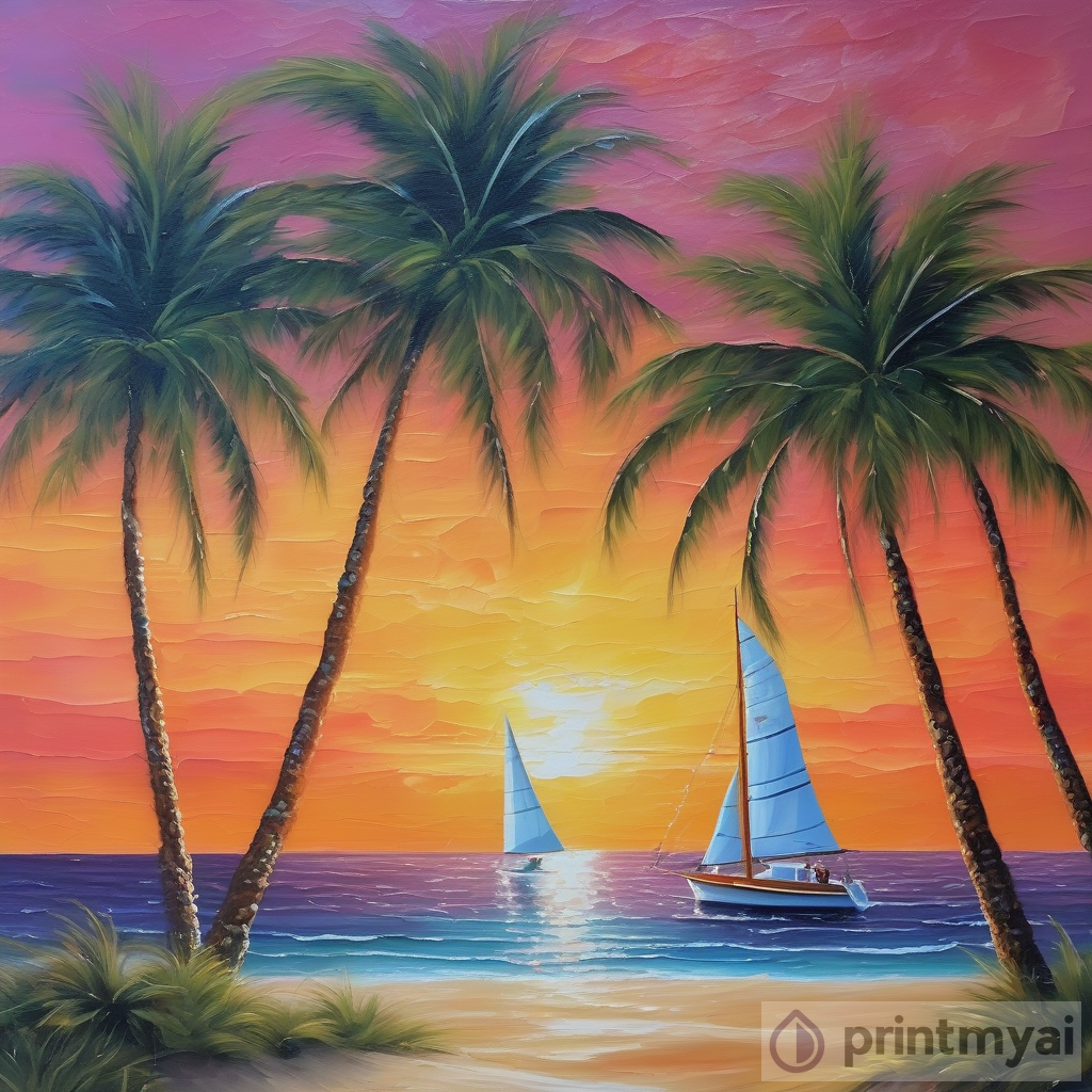 Tranquility Unveiled: Sandy Beach, Sunset, Palm Trees, and Sparkling Water