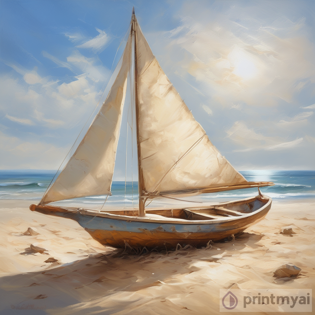 Tranquil Beauty: A Natural Sailboat on a Sunny Sandy Beach - Painting Masterpiece