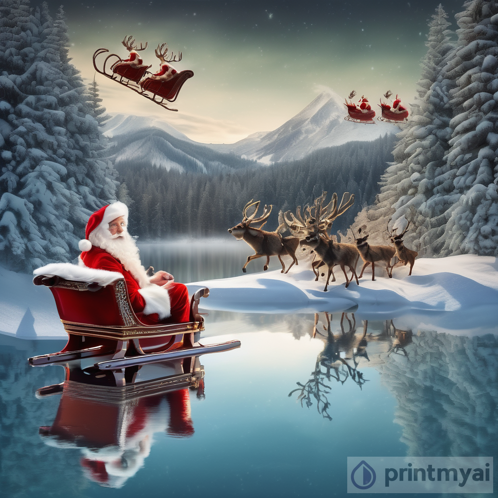 Magical Christmas: Santa Claus and Reindeers Flying over a Pine Tree Mountain
