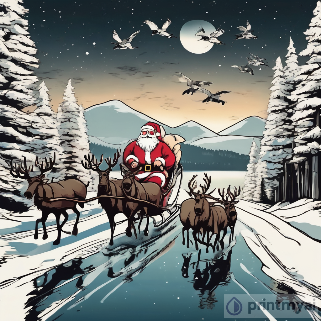 Santa in Sleigh: Reindeers Flying Over a Pine Forest with a Reflecting Lake