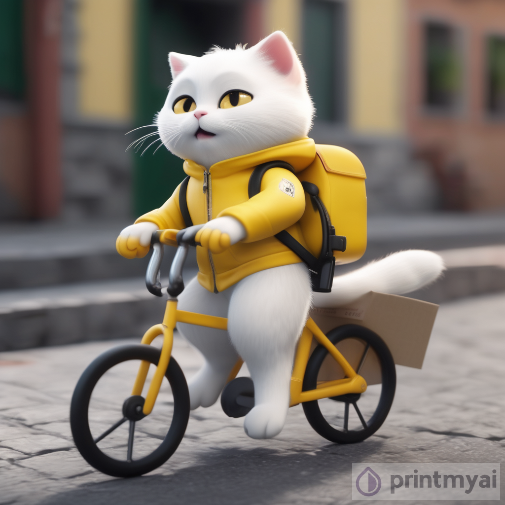 Adorable Cat Deliveryman - Riding a Bike, Wearing a Yellow Suit, Delivering Pizza in HD, 8k