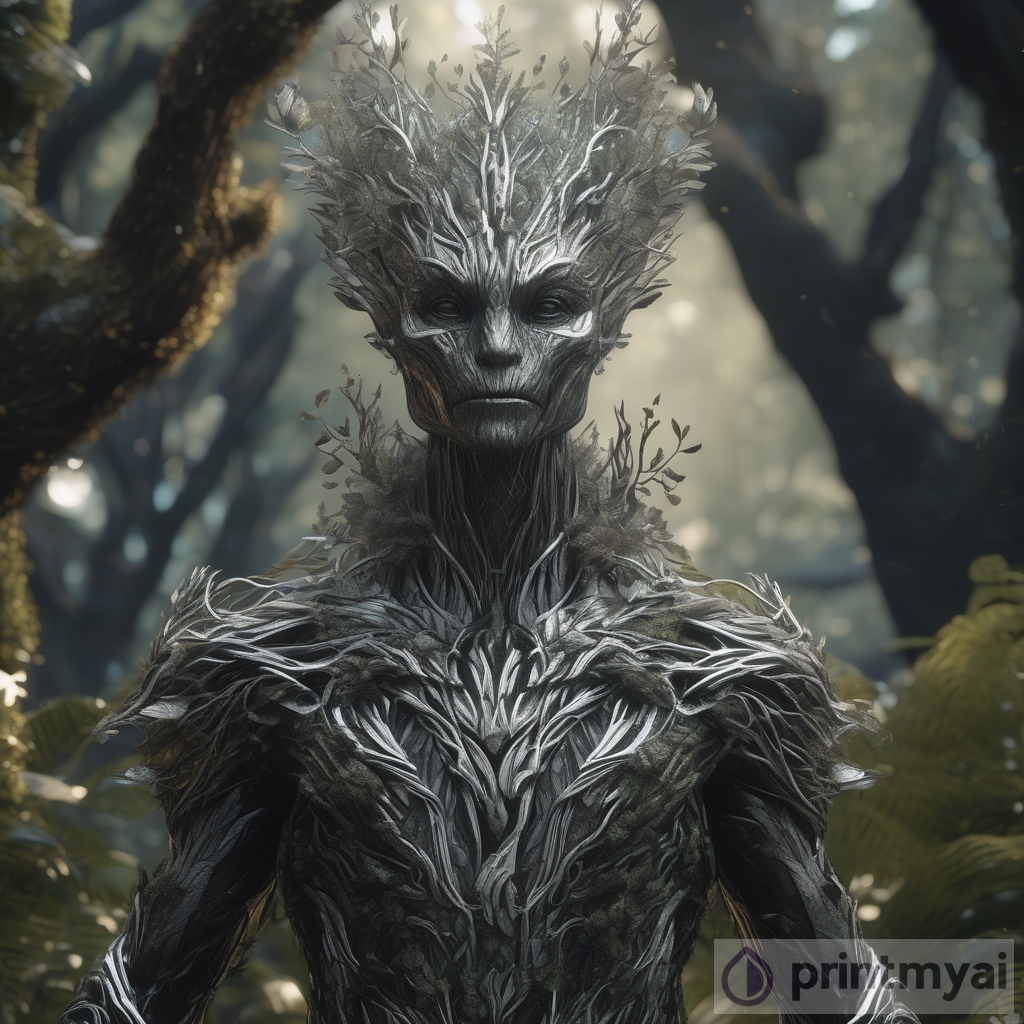 Mystical Forest Guardian: A mesmerizing 8K portrayal in woodland black and nature-infused silver