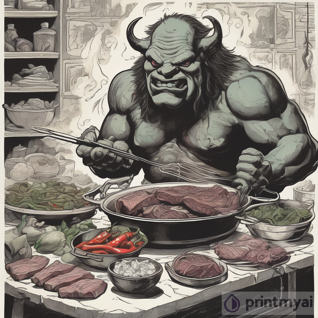 Vibrant 1970's Dark Fantasy Book Cover Paper Art: Ogre Cooking Beef Steaks