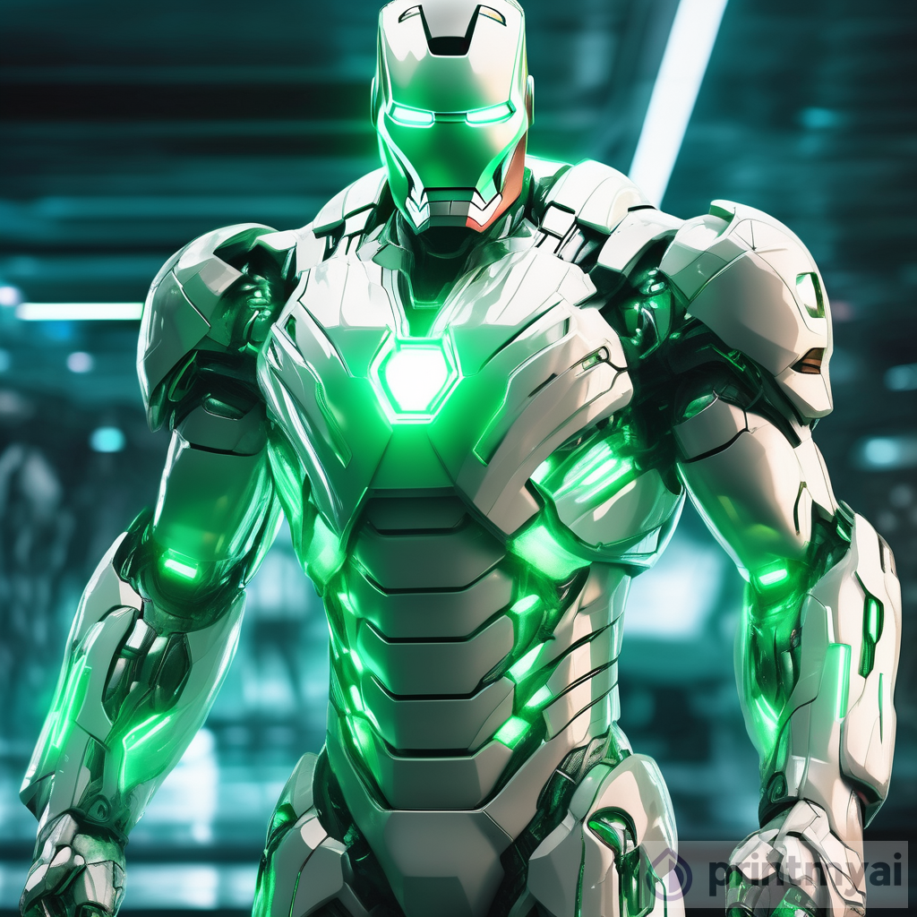 Futuristic Iron Man: A Sleek White and Green-Lit Suit