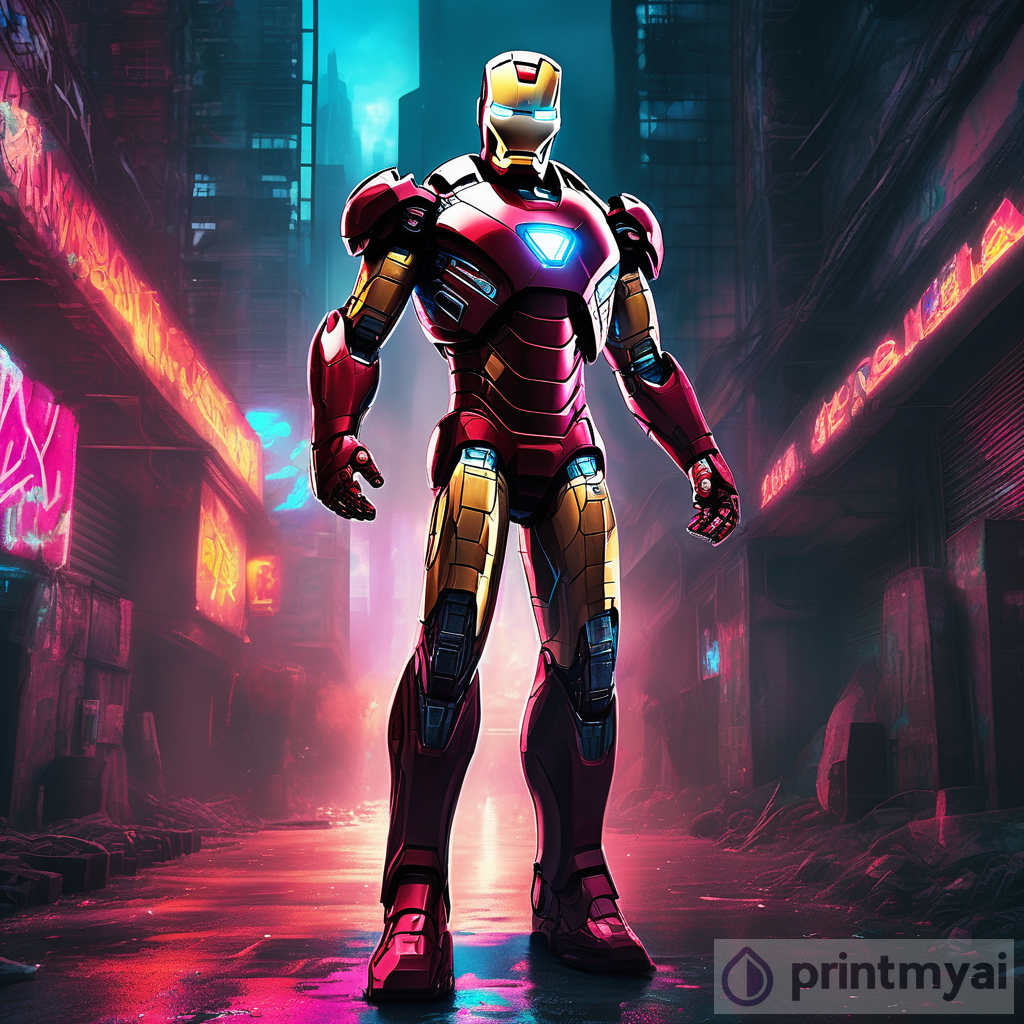 Dystopian Iron Man: Enhancing Classic Suit with Cyberpunk Graffiti