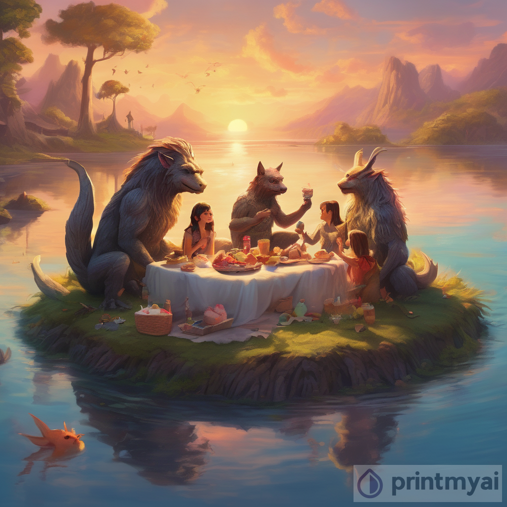 Mythical Creatures' Sunset Picnic on a Floating Island