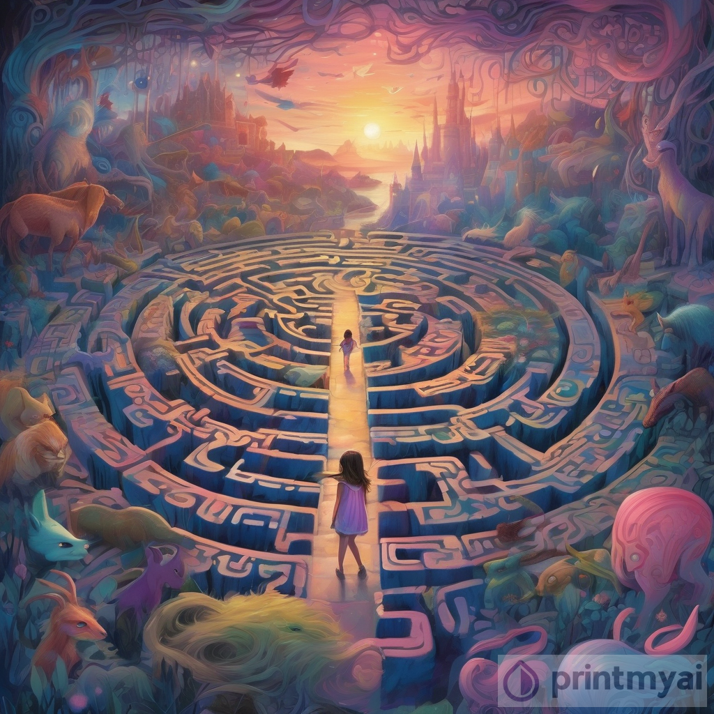 A Young Explorer's Journey through the Mythical Labyrinth at Twilight