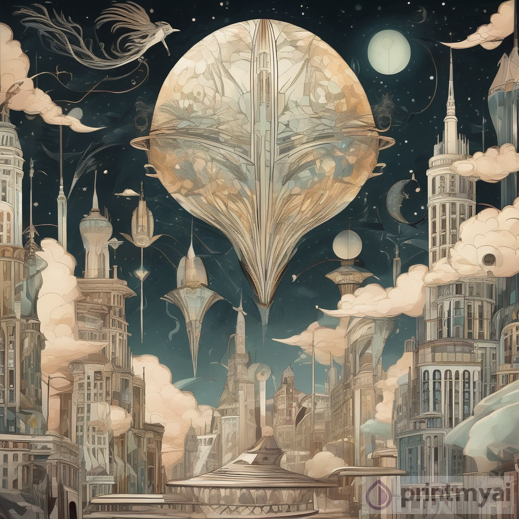 Surrealist Celestial Cityscape: Art Nouveau meets Mythical Creatures