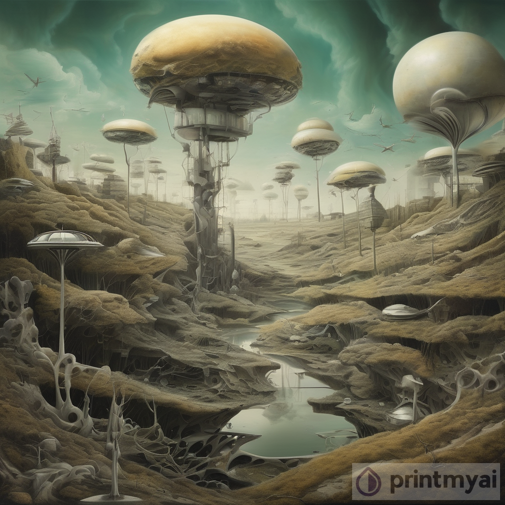 Combining Contrasting Elements of Nature and Technology in a Surrealist Landscape
