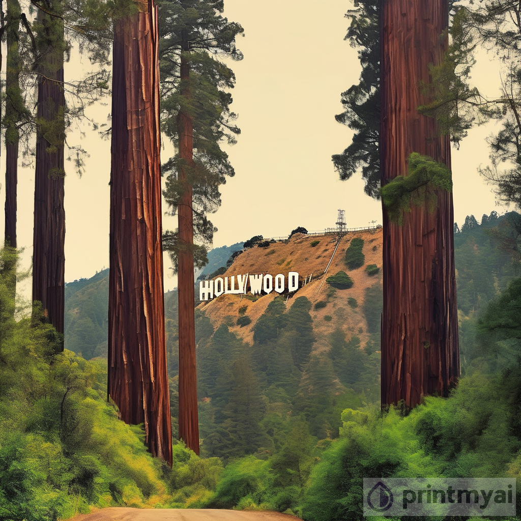 Cinema Meets Nature: The Hollywood Sign Amongst a Giant Redwood Forest