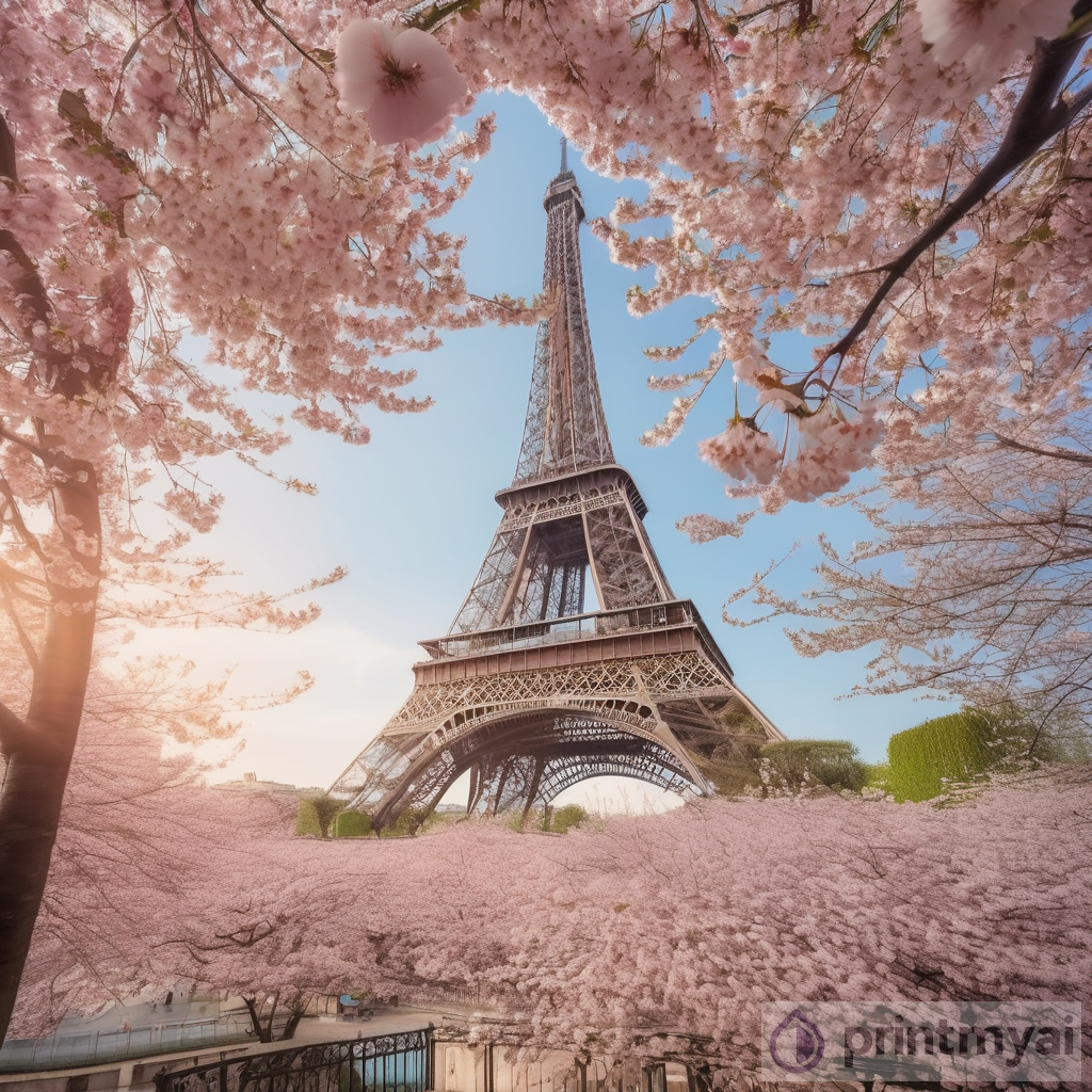 Cherry Blossoms in Bloom at the Eiffel Tower: A Romantic and Serene Landscape
