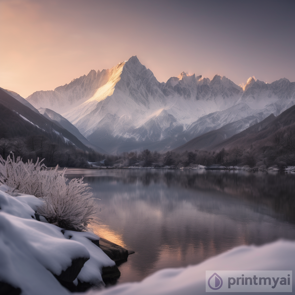 Capturing the Majestic Beauty: A Detailed Photo of Snow-Covered Mountain Peaks at Dawn