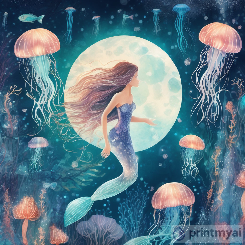 Whimsical Underwater Realm: Dancing Jellyfish and Moonlit Mermaids
