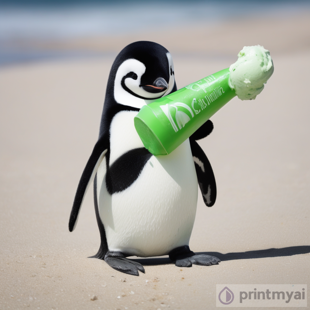 The Green Penguin on the Beach Enjoying an Ice Cream