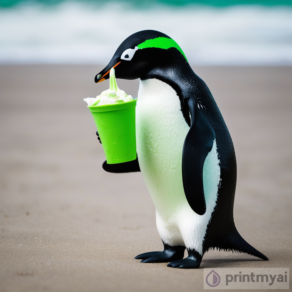 Exploring the Joy of a Green Penguin Enjoying Ice Cream on the Beach