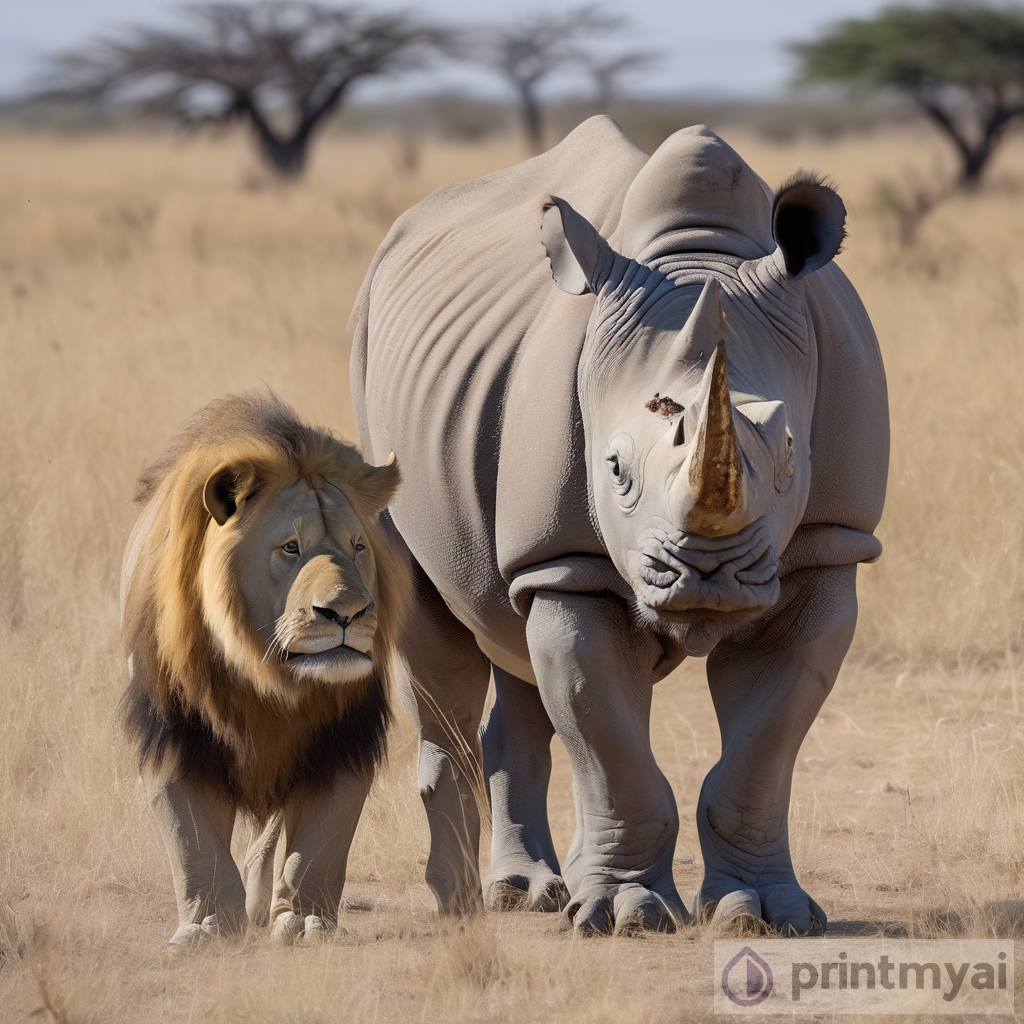 Contrasting Wildlife: A Unique Encounter Between a Rhino and a Lion