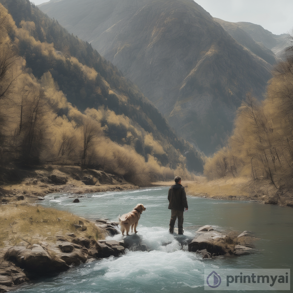 A Harmonious Encounter with Nature: A Mountain River with a Dog and a Man