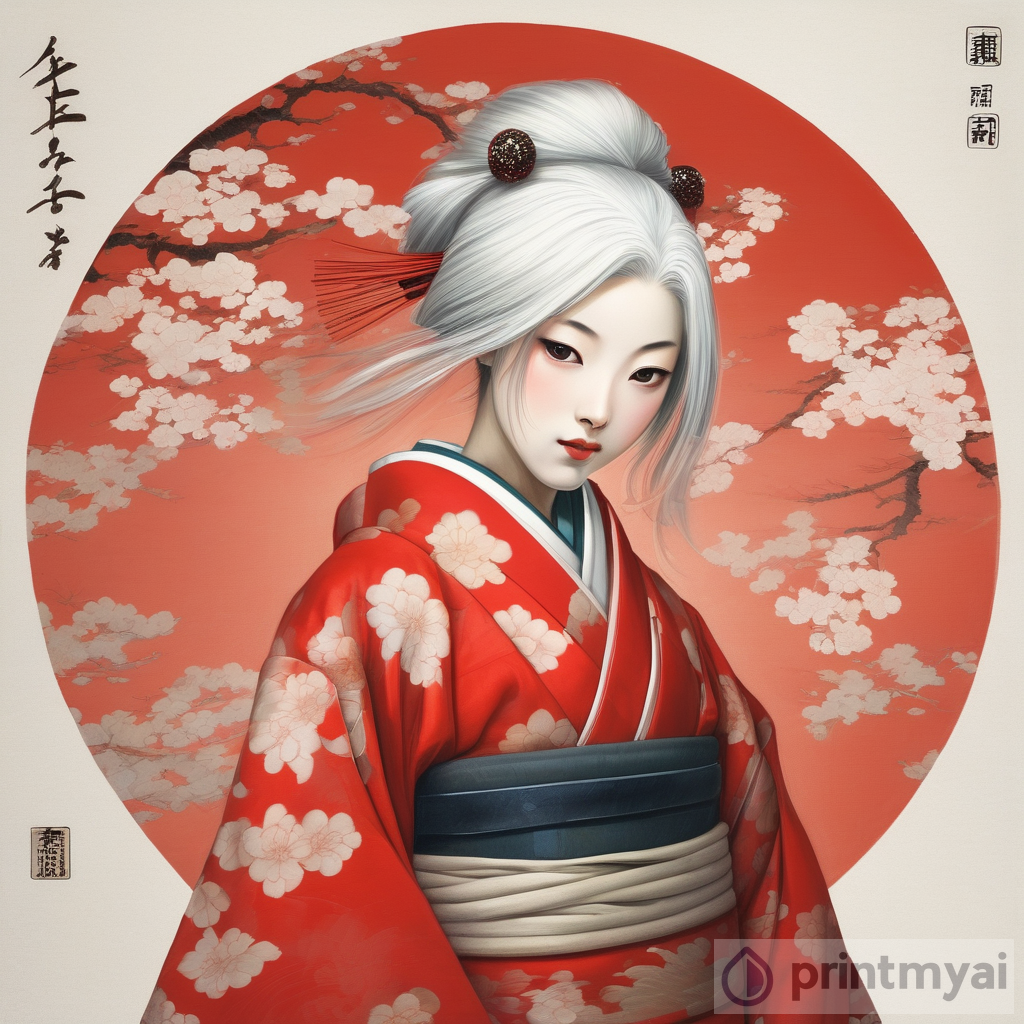 The Enchanting Beauty of a Japanese Girl in a Red Kimono from the Heian Era