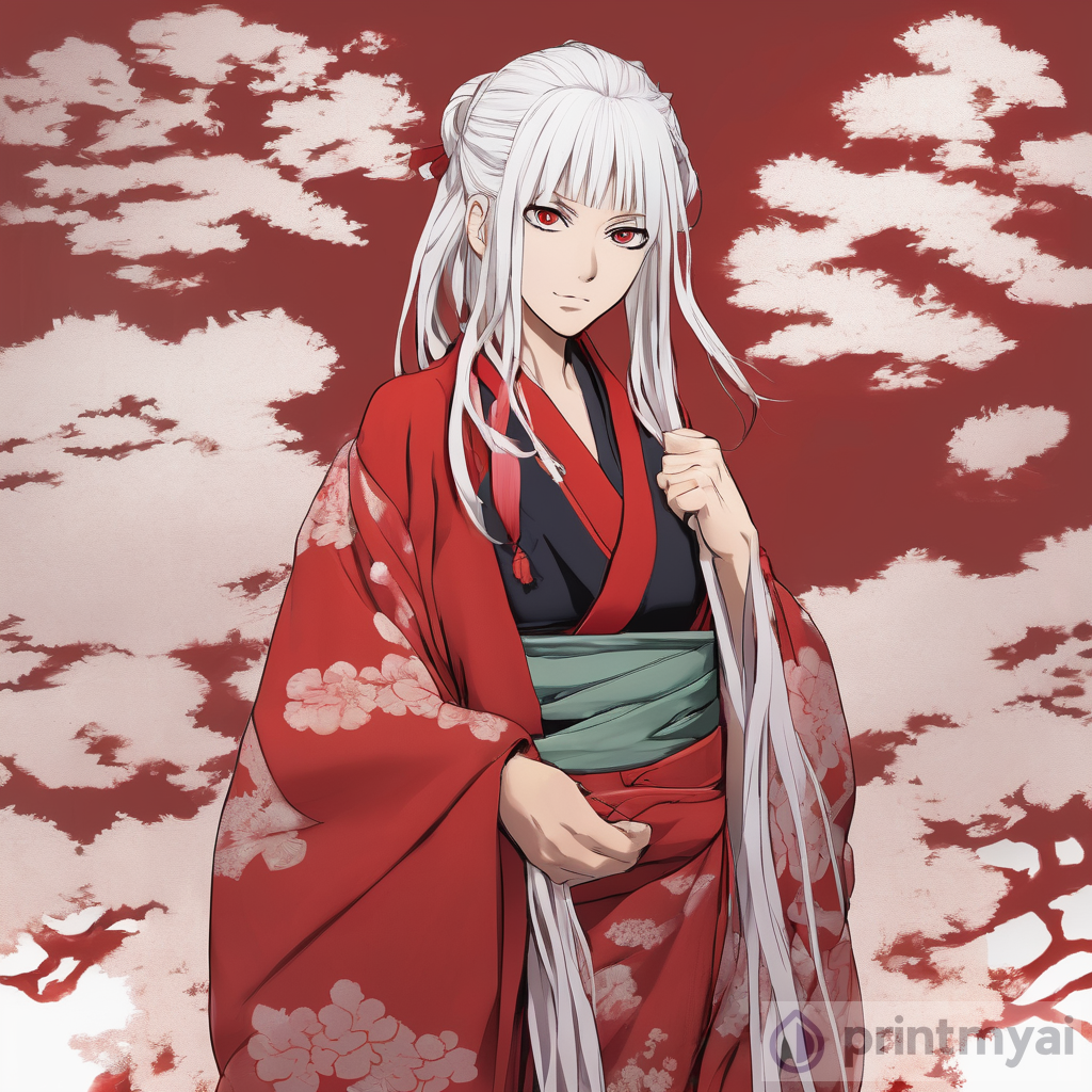 Mesmerizing Art: The Enigmatic Long White-Haired Girl in a Red Kimono