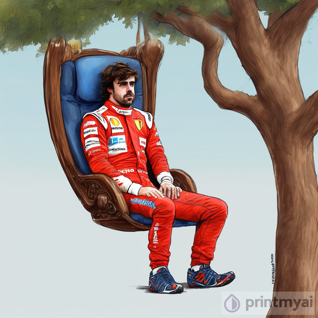 The Majestic Artwork of Fernando Alonso Sitting on a Tree Throne