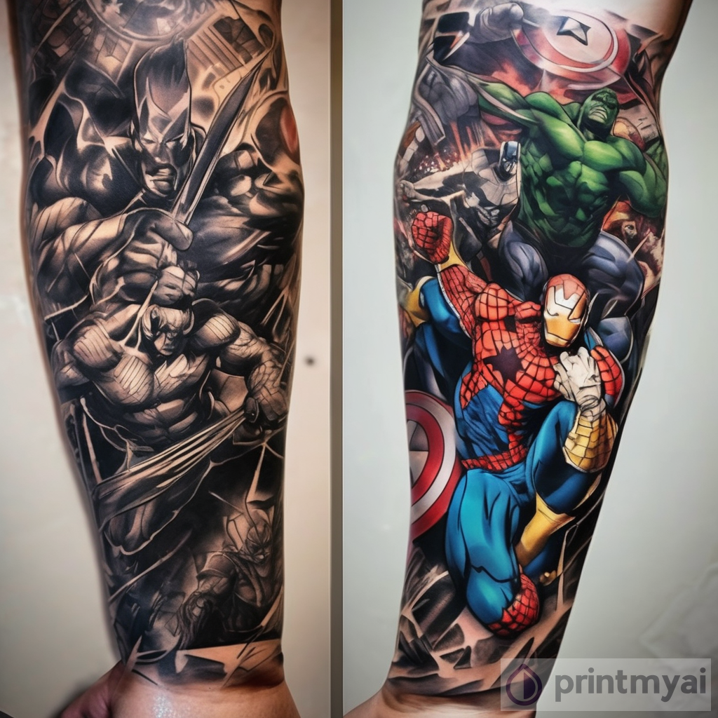 Marvel Heroes: An Epic Full Arm Tattoo in Comic Style