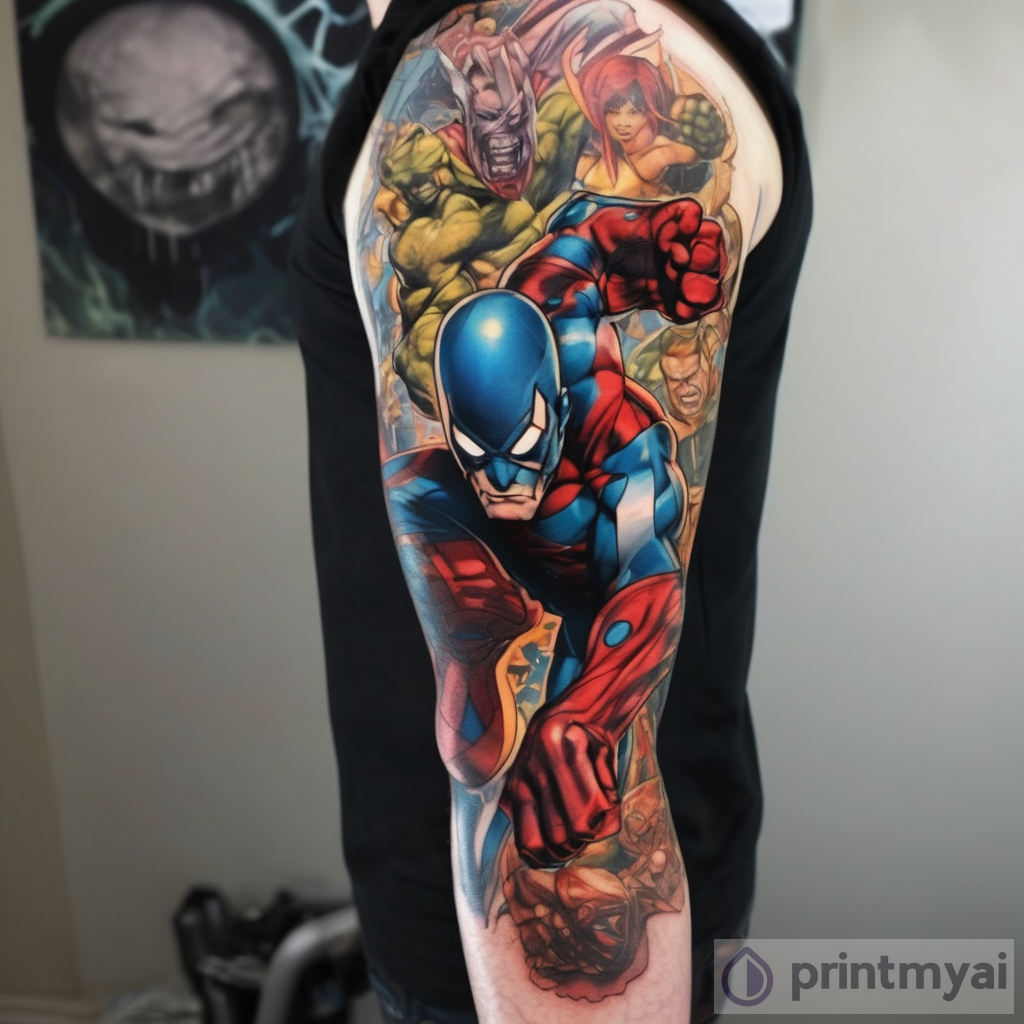 Marvel Heroes in Comic Style: A Colorful Full Arm Tattoo