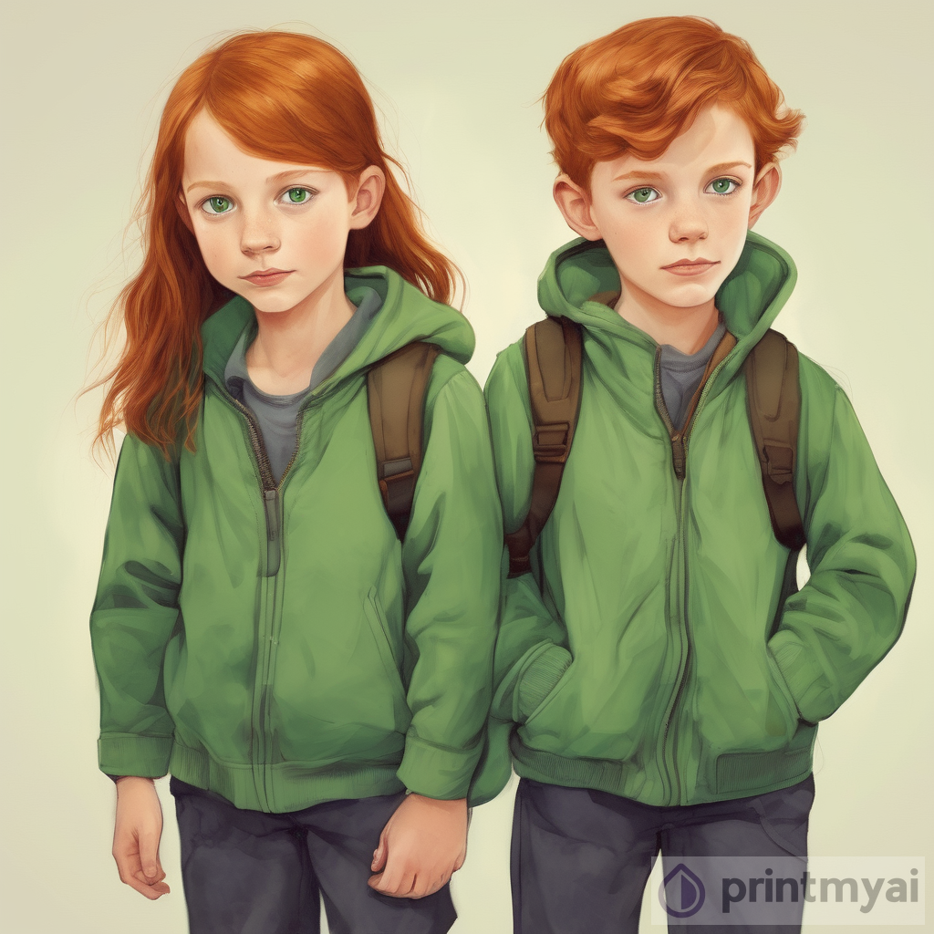 Twins with Dark Ginger Hair and Green Eyes: A Captivating Art Description