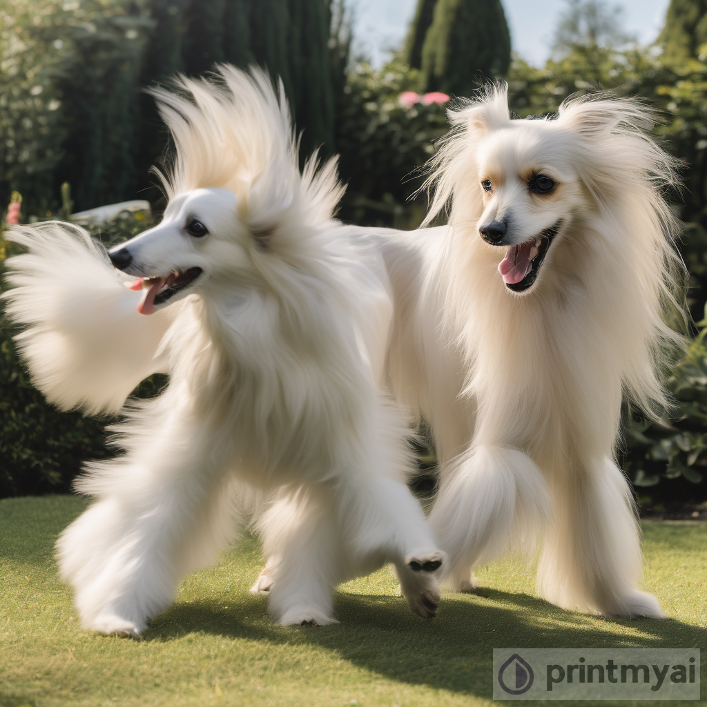 Playful White Afghan Hound & Pomeranian Duo