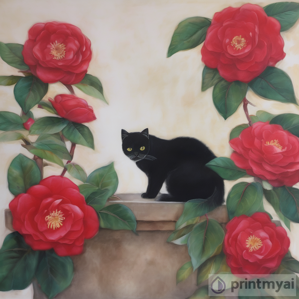 Stunning Red Camellia and Cat Paintings