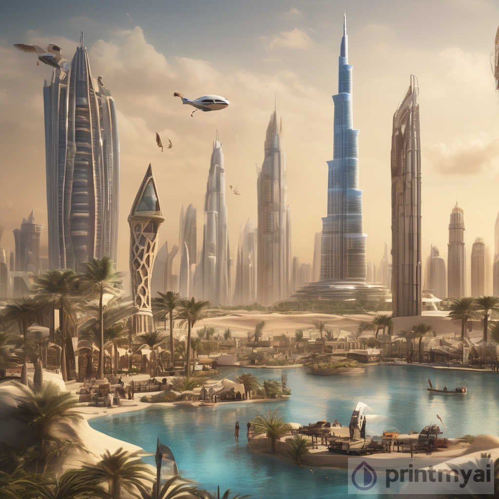 Futuristic Dubai: Ziggurat Pyramid and Majestic Animals Urban Oasis
