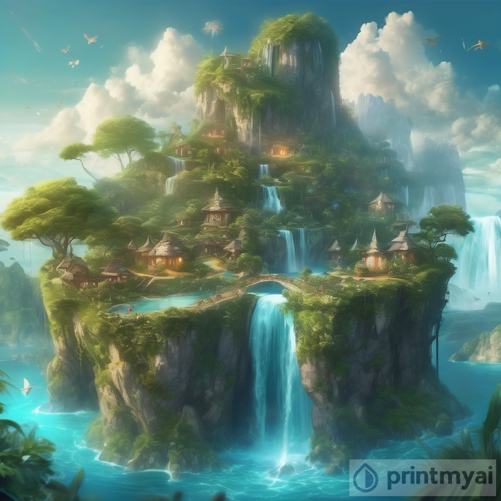 Enchanting Art: Magical Island with Nature, Fairies, and Waterfalls