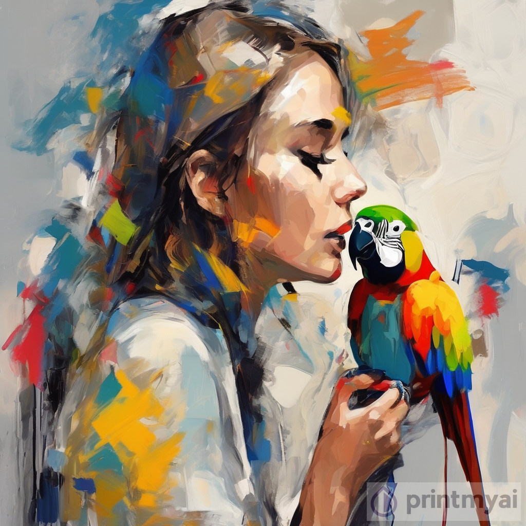 Abstract Expressionism Art: Beautiful Girl with Parrot