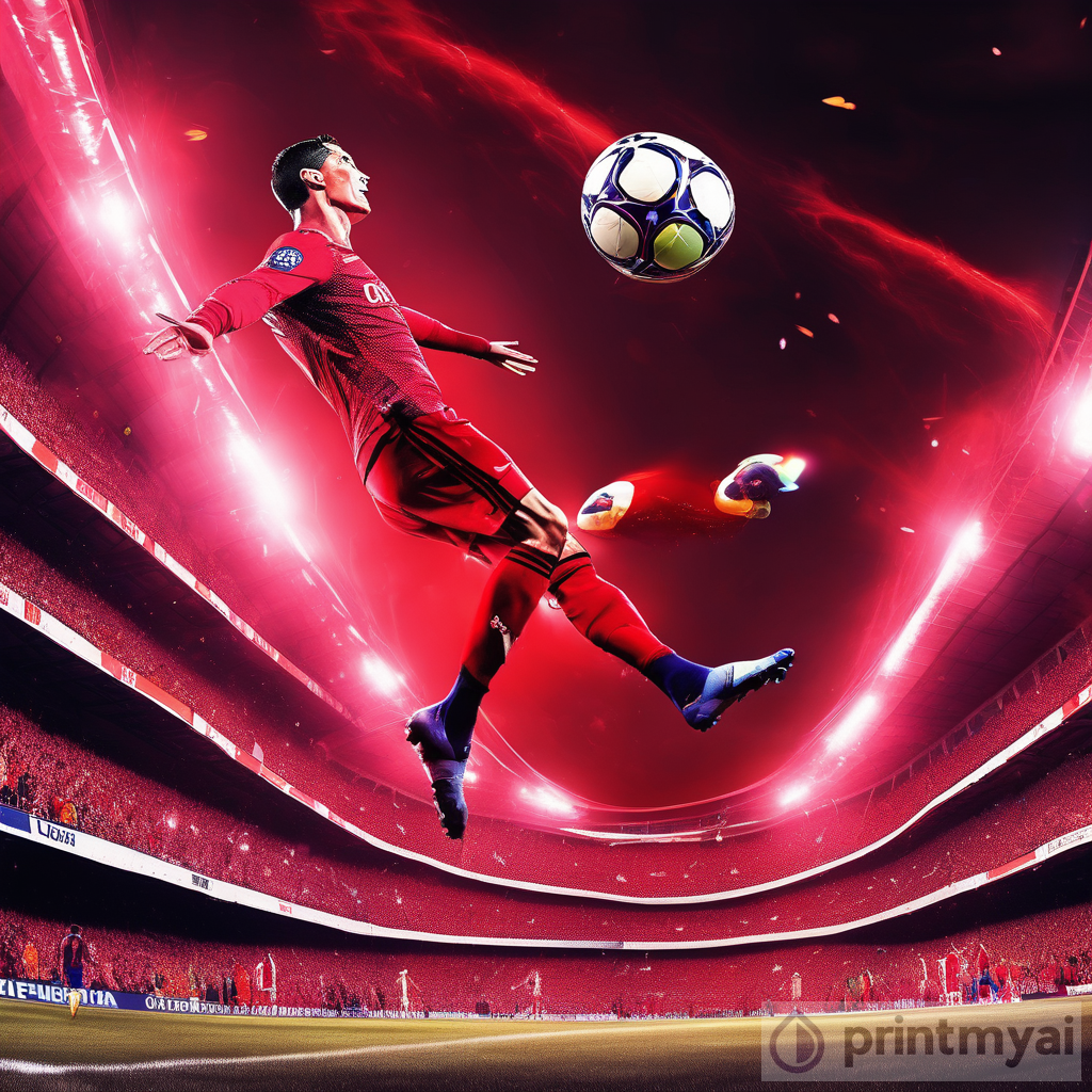 Cristiano Ronaldo Bicycle Kick Goal Black Hole Spotlight 360 Panorama Neon Red Color PrintMyAi