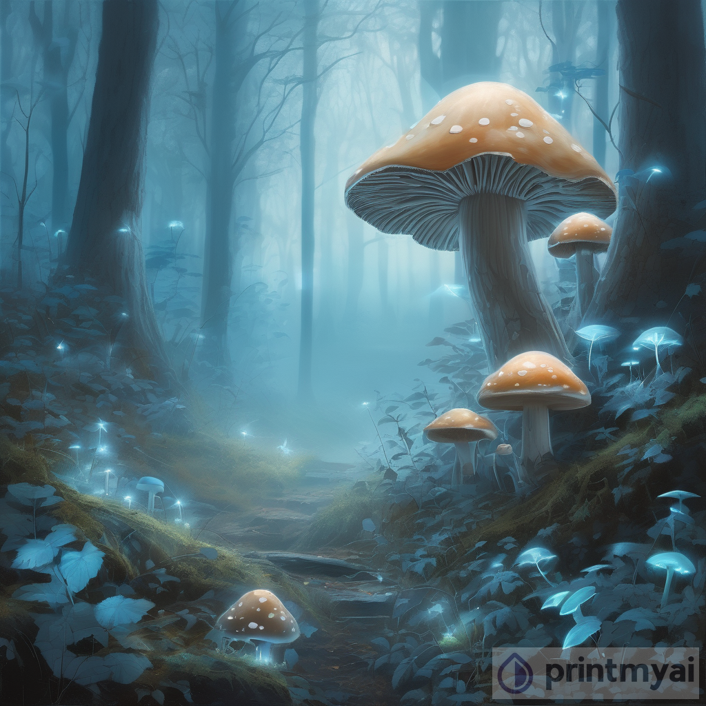 Ethereal Forest Scene: Luminescent Mushrooms & Misty Blue Foliage