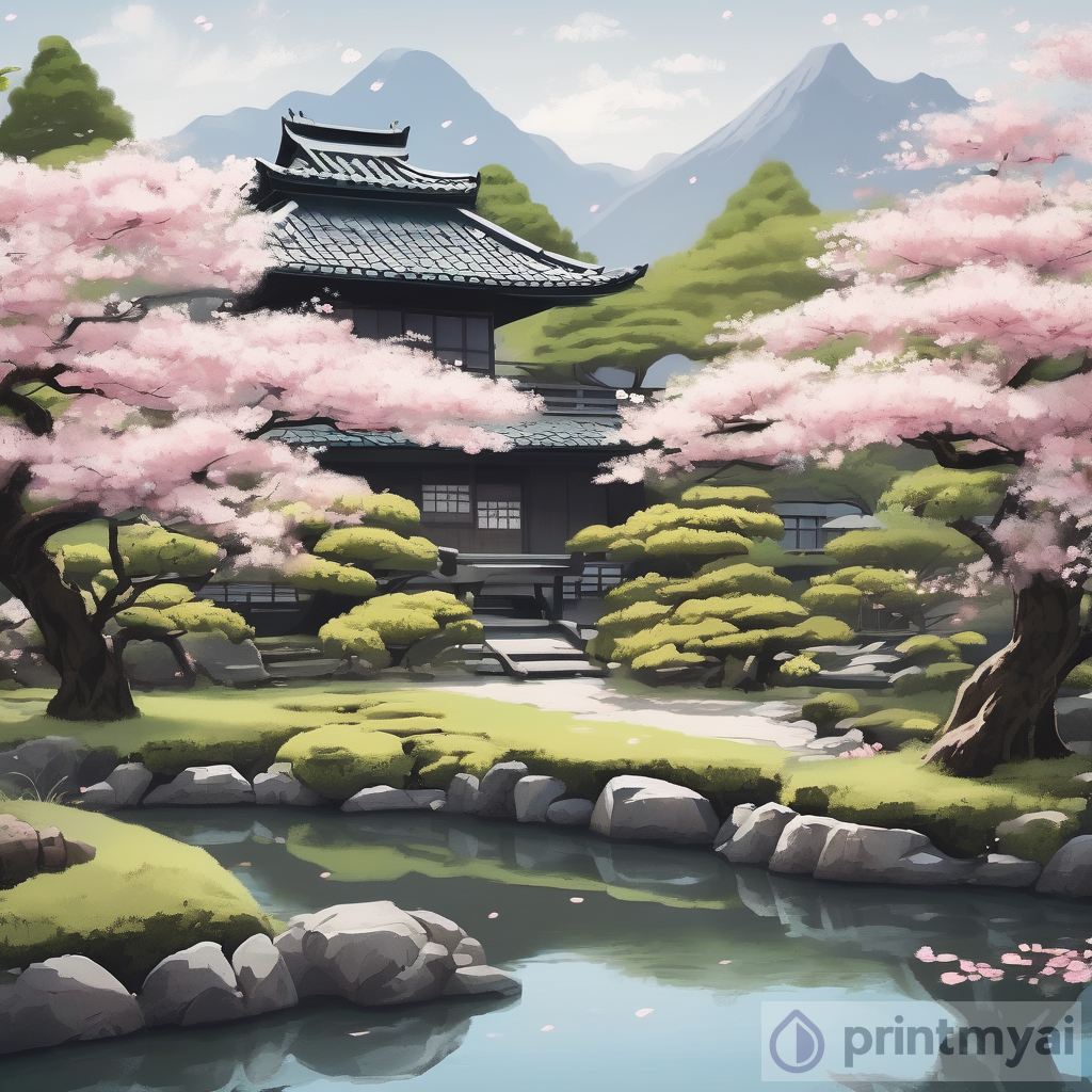 Tranquil Japanese Garden with Cherry Blossoms and Koi Pond