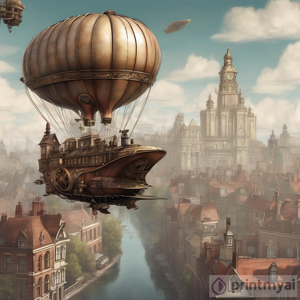 Whimsical Airship Soaring Above Victorian City - Steampunk Art