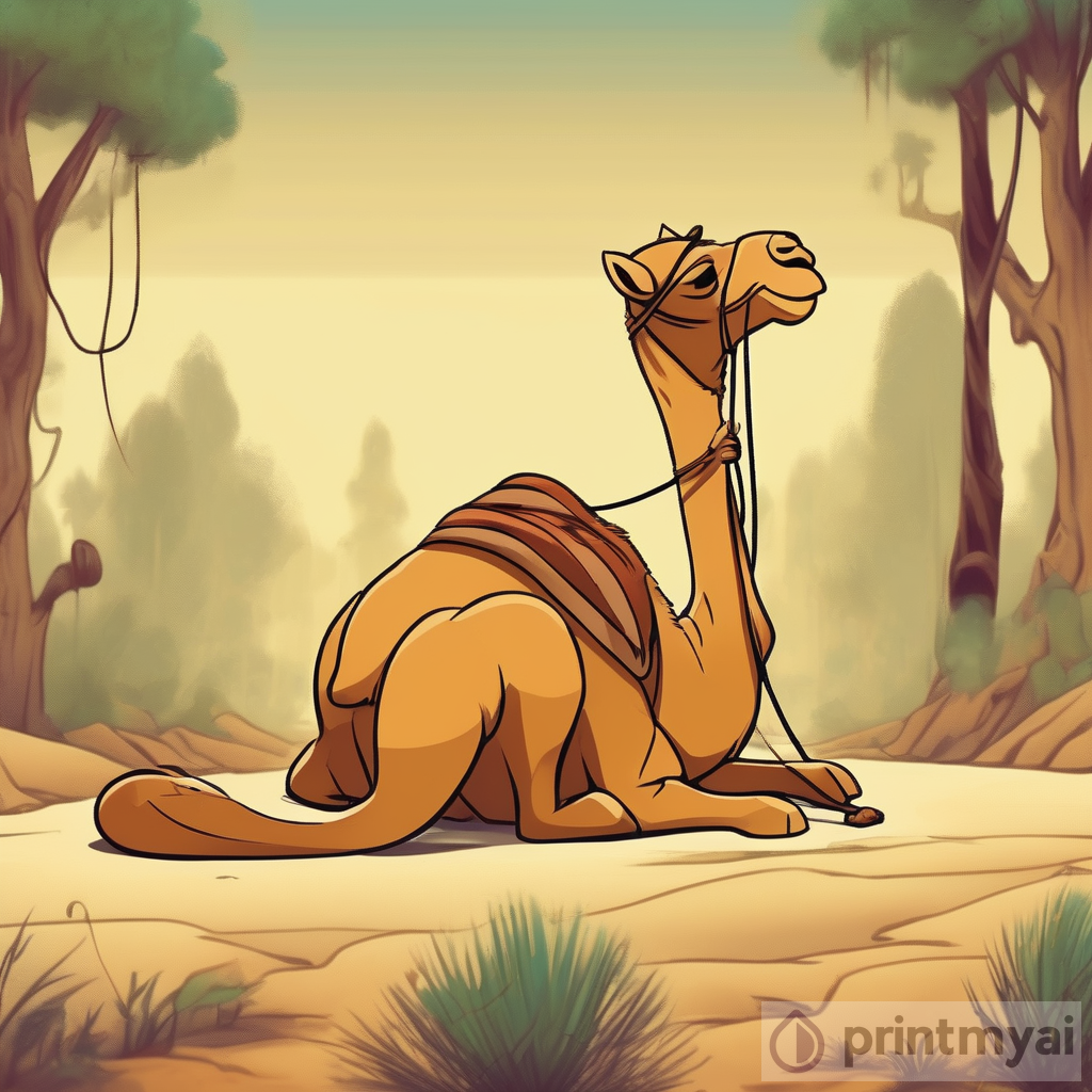 Whimsical Cartoon Photo: Fox Ties Tail to Camel in Forest