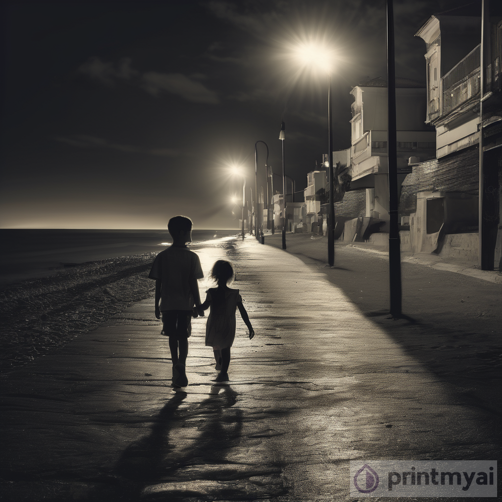 Romantic Seashore Stroll: Young Boy & Girl Under Streetlight