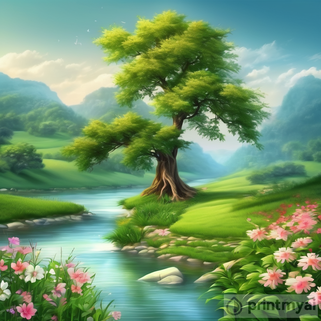 Calming Beauty: Tree, River, Flower Landscape