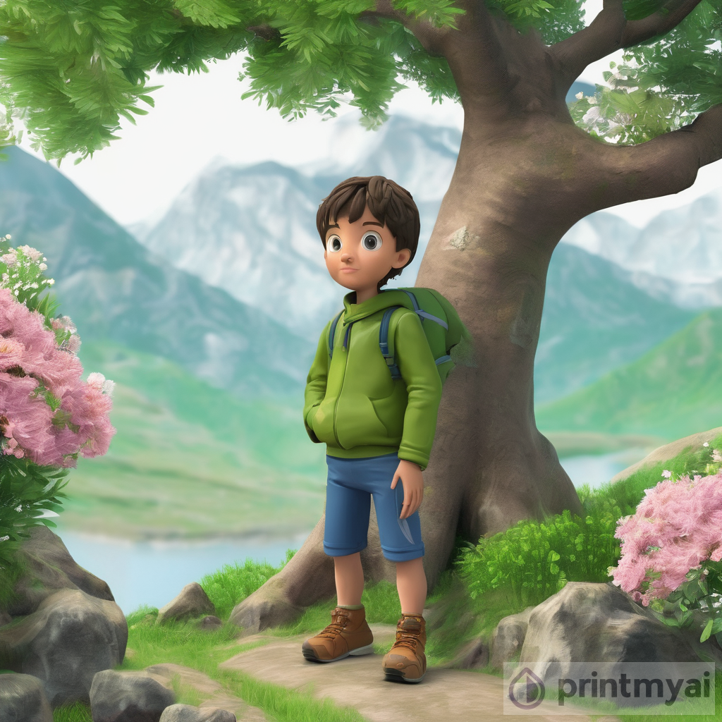 Boy in Mountain Tree Scene with Animated Green Flowers